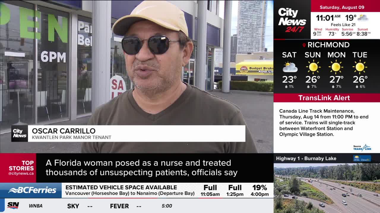 A man wearing sunglasses and a cap is speaking, framed by a CityNews Vancouver graphic. The broadcast includes a TransLink alert about Canada Line track maintenance.
