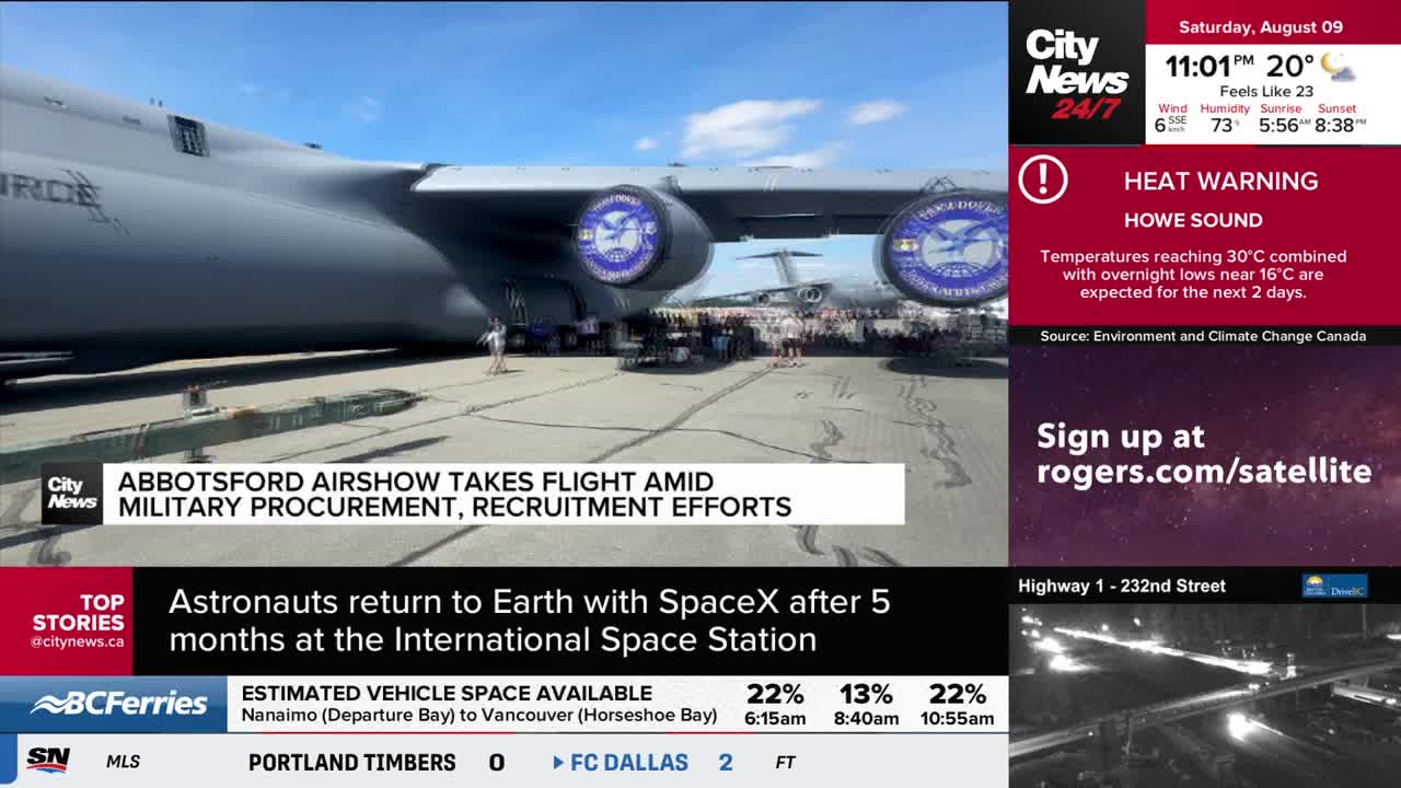 A massive military aircraft is parked on the tarmac, its engines emblazoned with logos. The CityNews Vancouver report highlights the Abbotsford Airshow and military recruitment efforts.
