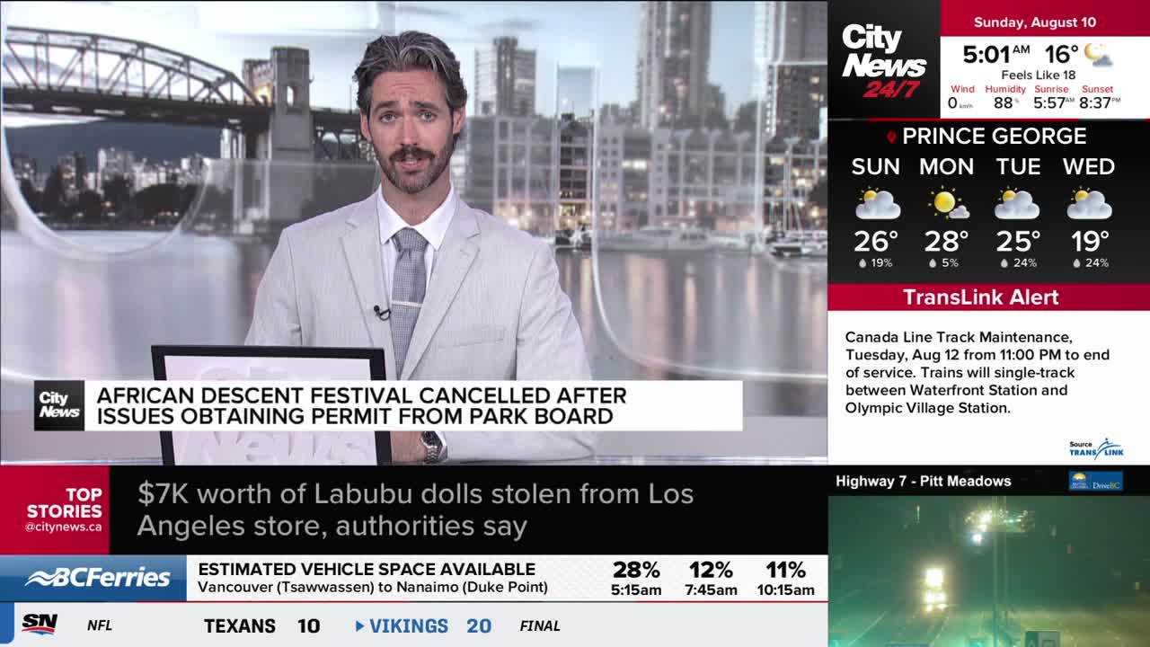 A CityNews Vancouver anchor, wearing a light suit and tie, is speaking directly to the camera. Behind him, a screen displays headlines about a cancelled festival and a TransLink alert for Canada Line track maintenance.

