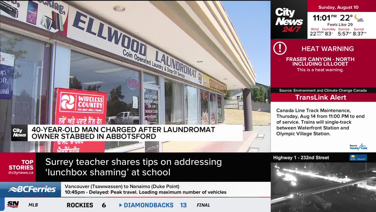 A CityNews Vancouver graphic reports on a laundromat stabbing in Abbotsford, with a photo of the business, "Ellwood Laundromat," in the background. Beside the news, Environment and Climate Change Canada has issued a heat warning for Fraser Canyon and a TransLink alert about Canada Line track maintenance.
