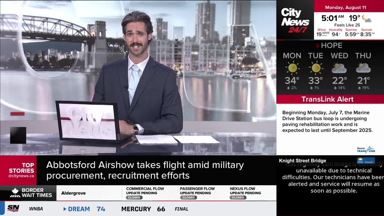 The CityNews Vancouver anchor, in a suit and tie, is looking directly at the camera. The screen behind him shows a cityscape, and the news ticker details weather and traffic updates.
