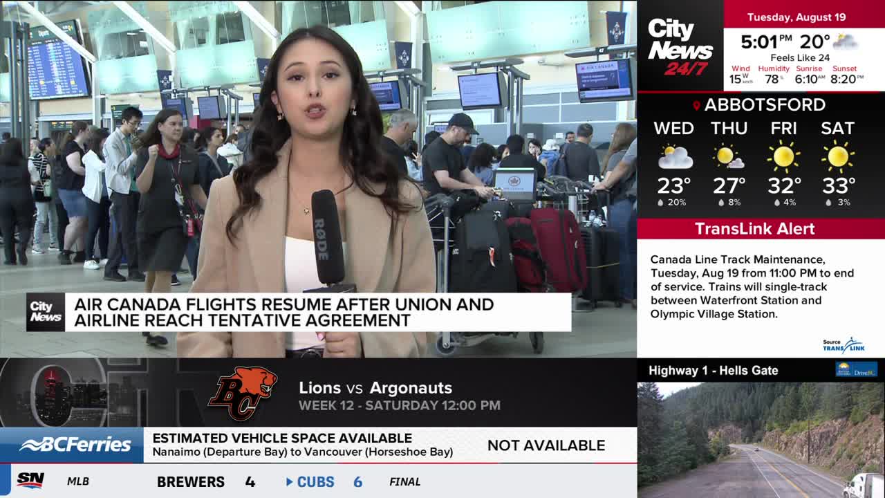 A CityNews Vancouver reporter stands in an airport, speaking into a microphone. Behind her, people queue near baggage carts, and screens display flight information.

