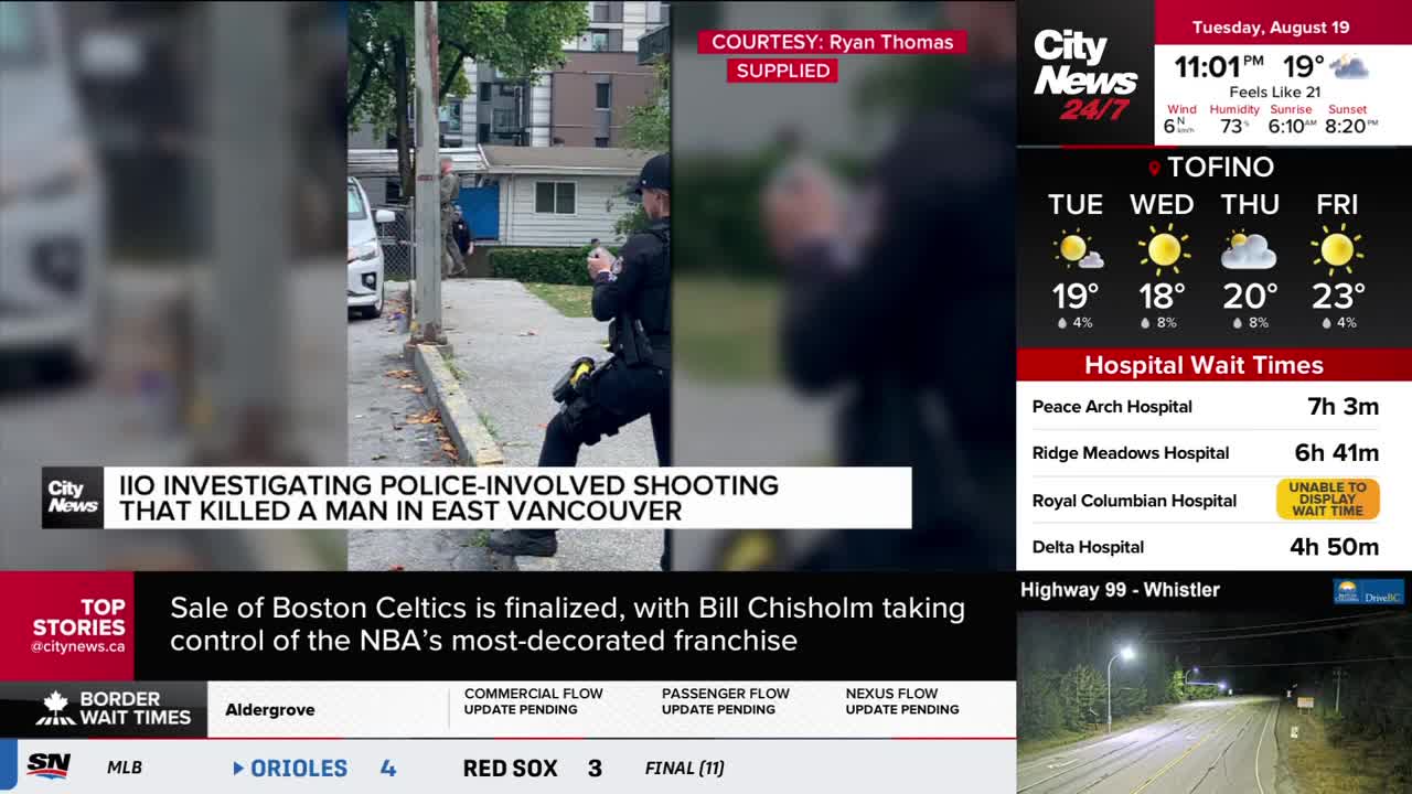 A police officer, gun drawn, is crouched on the sidewalk in East Vancouver, as reported by CityNews. The Independent Investigations Office of BC is looking into a fatal shooting.
