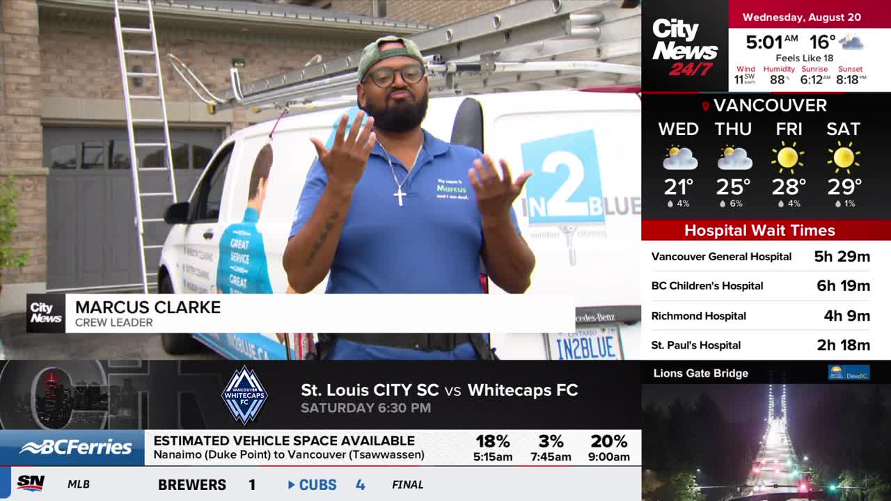 Marcus Clarke, identified as a crew leader by CityNews, gestures with both hands in front of a white van labeled "2 in Blue." A ladder leans against the building behind him.
