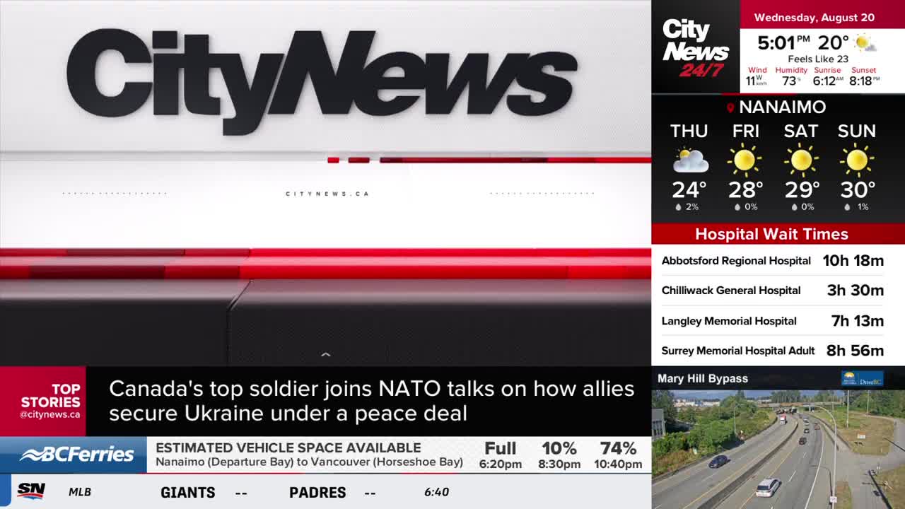 The CityNews logo and a red bar are at the top, and the Nanaimo weather forecast is displayed on the right. Below, the news ticker scrolls across the screen, reporting on Canada's top soldier and NATO talks.
