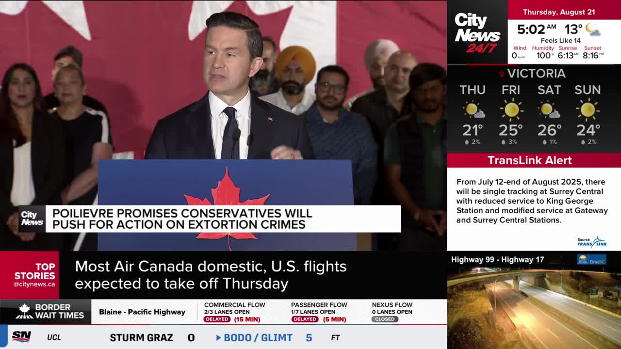 A man in a suit is speaking into a microphone, with a red maple leaf and the CityNews logo behind him. The screen shows a weather report for Victoria, British Columbia, and a TransLink alert.
