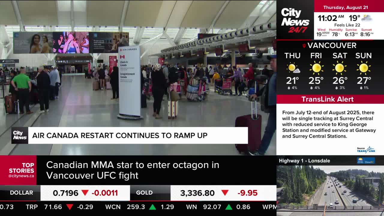 People with rolling suitcases are moving through a busy airport terminal, presumably in Vancouver, as indicated by the CityNews Vancouver weather report. The news ticker at the bottom mentions Air Canada and a local MMA fighter.
