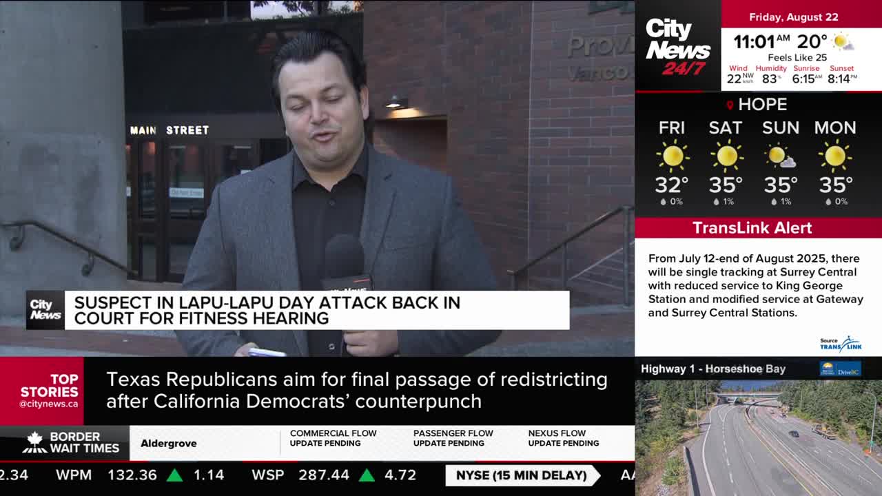 A CityNews Vancouver reporter stands outside a building, speaking into a microphone. Behind him, a sign reads "Main Street," and the screen displays a headline about a suspect in a Lapu-Lapu Day attack.
