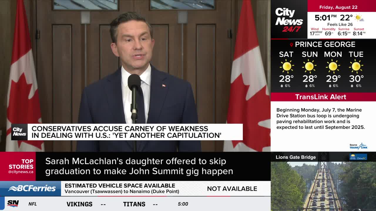A man in a dark suit speaks into a microphone, flanked by Canadian flags. CityNews Vancouver's broadcast displays headlines about Carney and Sarah McLachlan's daughter.
