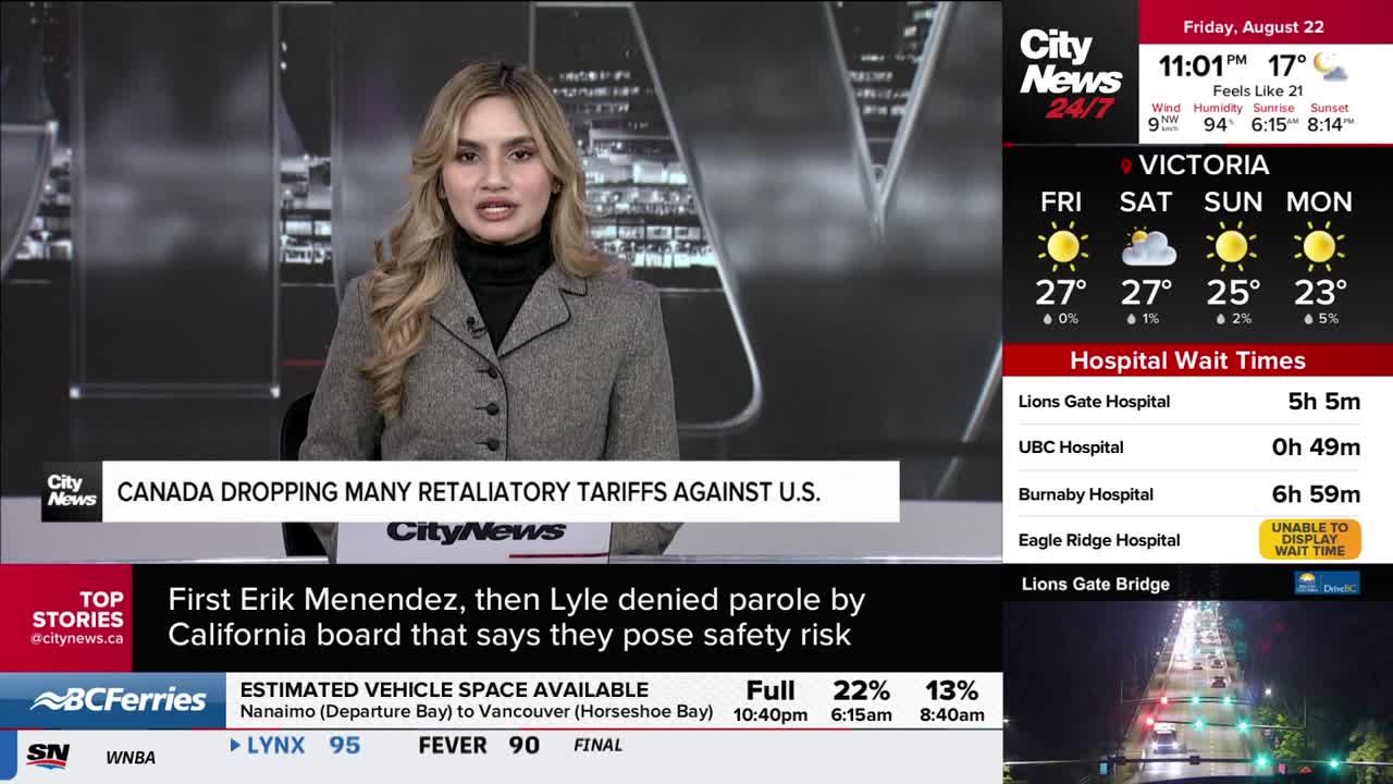 A CityNews Vancouver anchor, wearing a gray blazer, speaks directly to the camera. The screen displays information about Canada dropping tariffs and hospital wait times.
