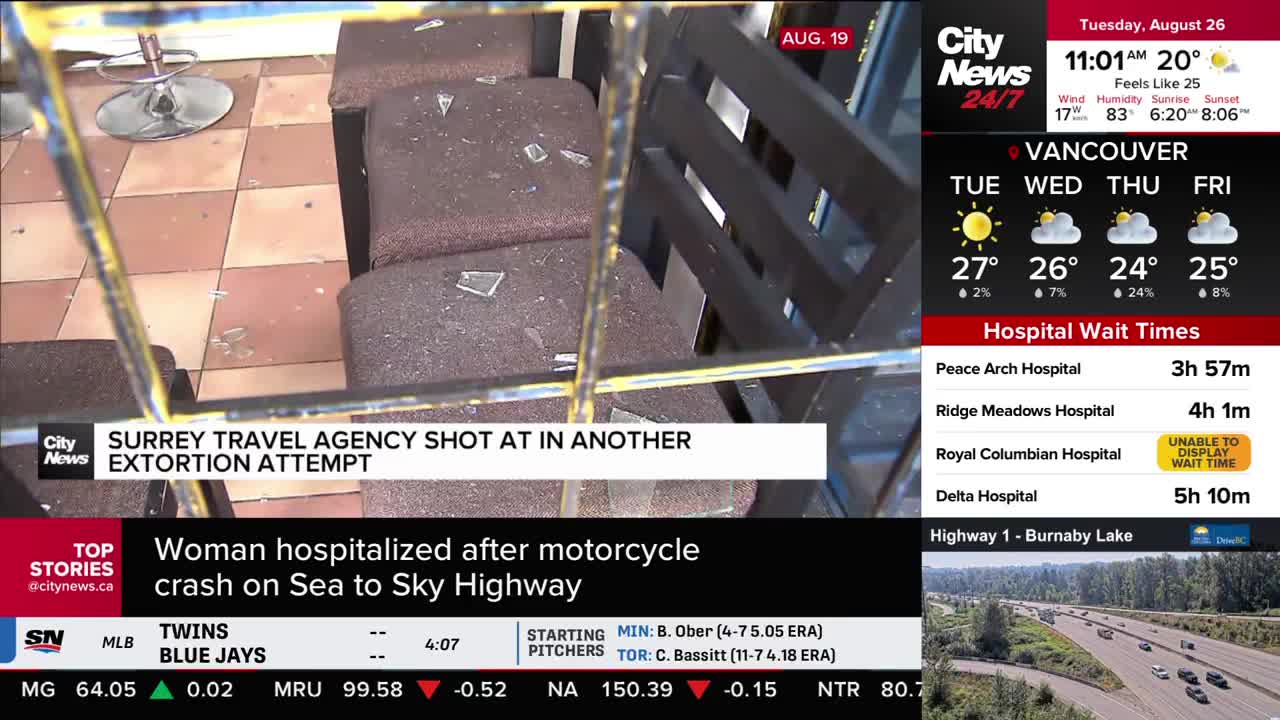 Shattered glass litters the brown cushions of a seating area, as reported by CityNews Vancouver. The headline says a Surrey travel agency was shot at in another extortion attempt.
