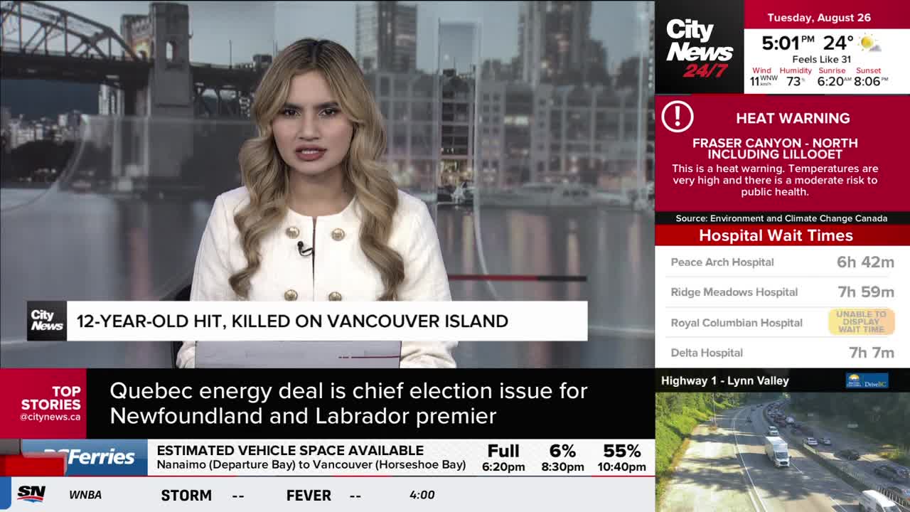 A CityNews Vancouver anchor is reporting news, with the headline "12-YEAR-OLD HIT, KILLED ON VANCOUVER ISLAND" displayed on the screen. To the right, a heat warning is in effect for the Fraser Canyon, and hospital wait times are listed.

