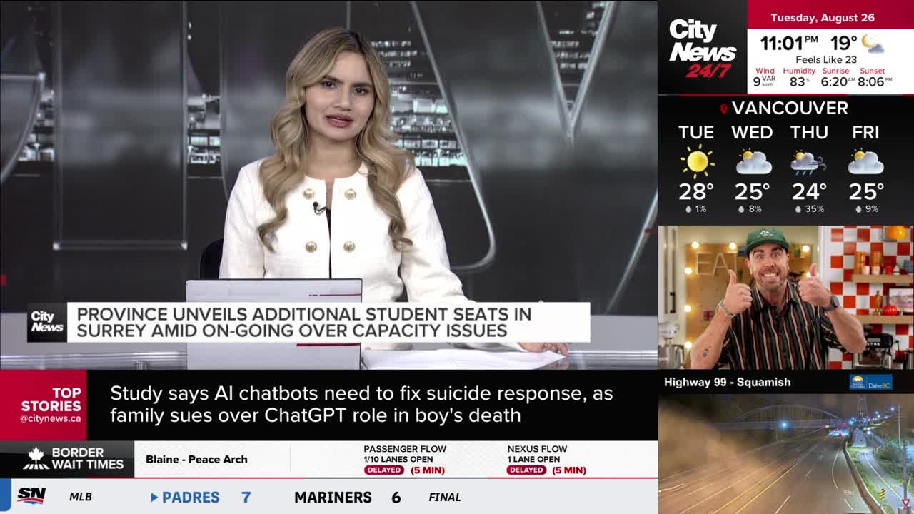 A CityNews Vancouver anchor is reporting from the studio, with the headline "Province Unveils Additional Student Seats in Surrey Amid On-Going Over Capacity Issues" displayed. Beside her, a man on a different screen gives a thumbs-up, with a sunny weather forecast for the week.
