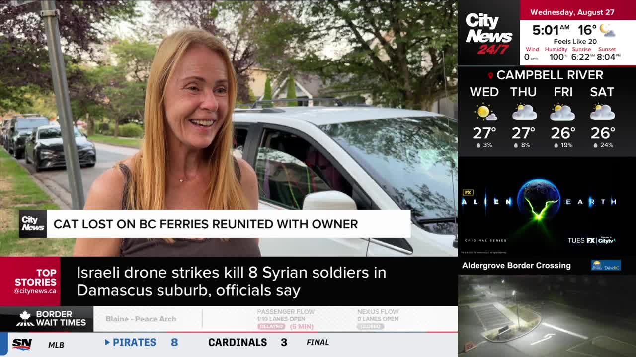 A woman with blonde hair smiles, standing beside a white minivan. The CityNews Vancouver headline reads "Cat Lost on BC Ferries Reunited with Owner."

