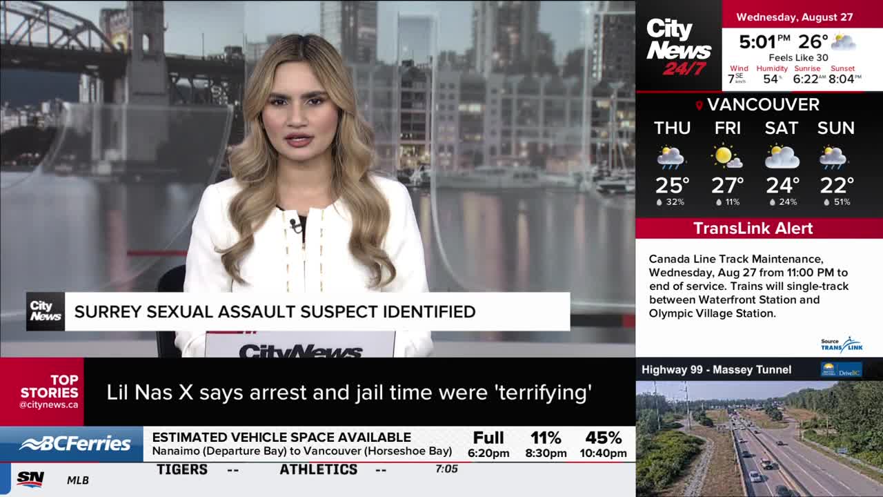 A CityNews Vancouver anchor is reporting on a Surrey sexual assault case. The screen displays the weather forecast and a TransLink alert about Canada Line track maintenance.
