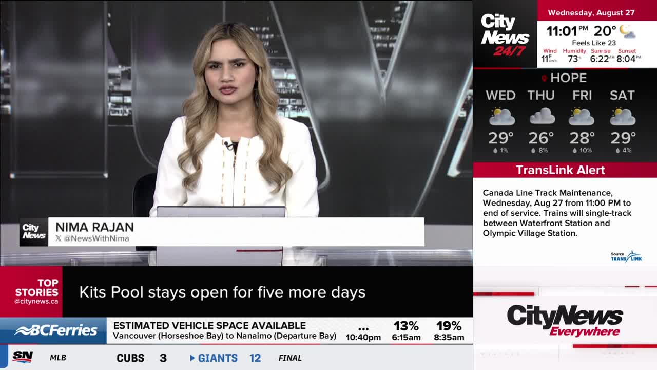 Nima Rajan from CityNews Vancouver is seated behind a desk, speaking directly to the camera. The screen beside her displays the weather forecast for Hope and a TransLink alert about Canada Line track maintenance.
