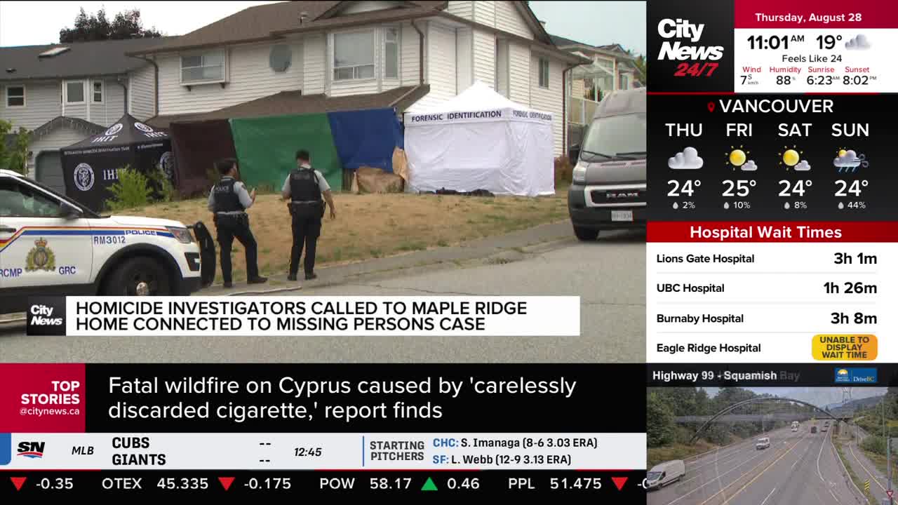 Two police officers stand near a house in Maple Ridge, British Columbia, as a forensic tent is set up on the lawn. A CityNews Vancouver graphic reports that homicide investigators are at the scene, connected to a missing persons case.
