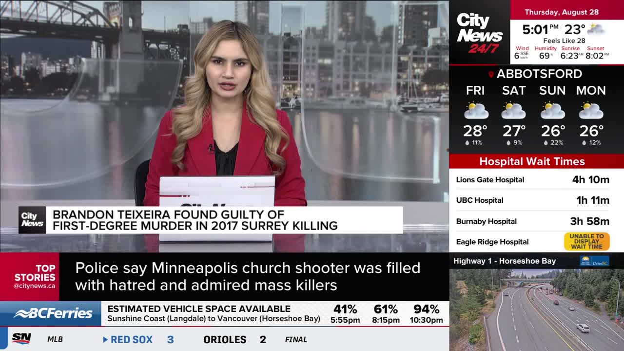A CityNews Vancouver anchor in a red blazer is speaking, with a headline about a Surrey killing displayed below. The screen also shows the Abbotsford weather forecast, hospital wait times, and traffic conditions on Highway 1.
