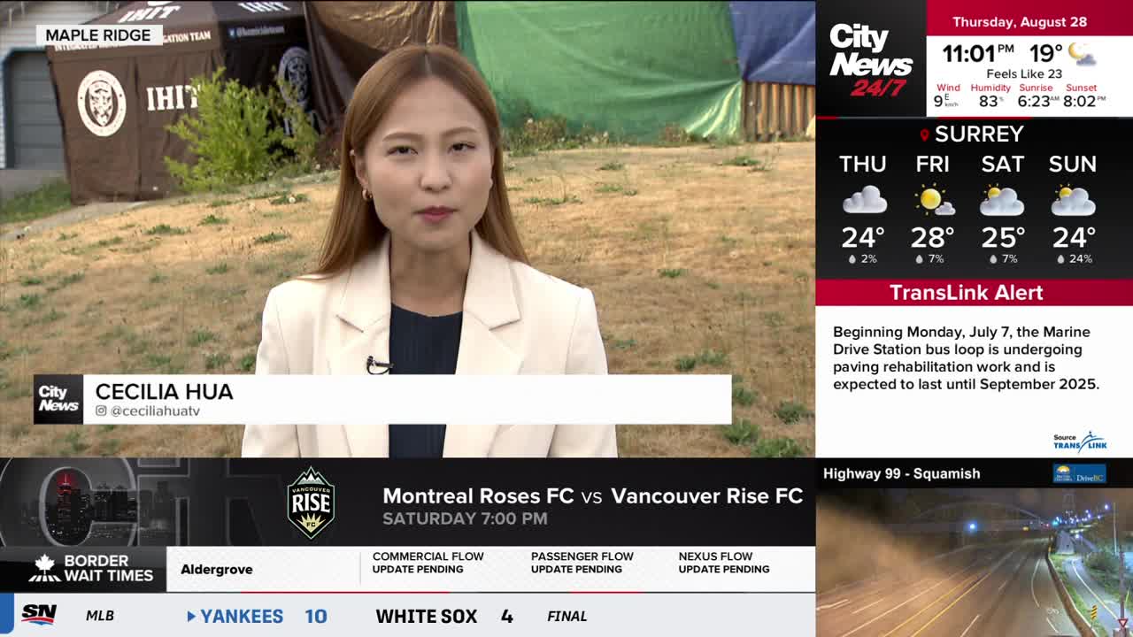 Cecilia Hua, from CityNews Vancouver, is reporting live on location. Behind her, a Maple Ridge IHIT tent stands, while the weather forecast for Surrey is displayed on the screen.
