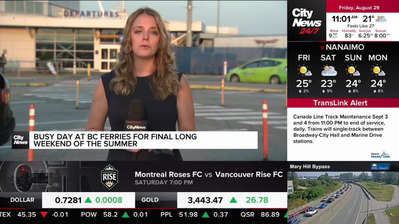 A CityNews Vancouver reporter stands in front of a ferry terminal, speaking into a microphone. The screen displays a weather forecast for Nanaimo and a TransLink alert about Canada Line track maintenance.
