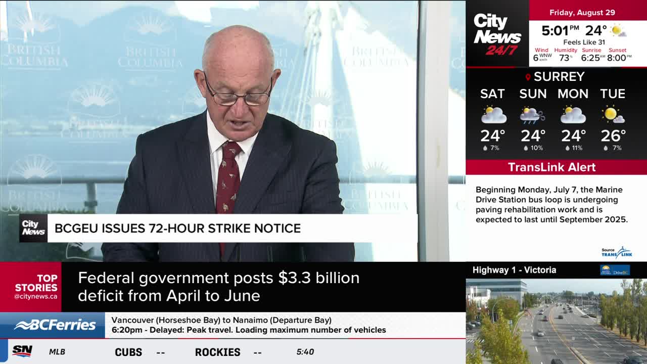 A man in a suit and tie reads from a script on CityNews Vancouver, the headline announcing a 72-hour strike notice. The screen displays a weather forecast for Surrey and a TransLink alert.
