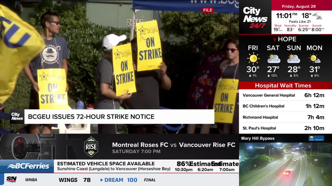 Protesters stand shoulder-to-shoulder, holding bright yellow signs that read "ON STRIKE." CityNews Vancouver is reporting on the BCGEU's 72-hour strike notice, with the time and weather displayed in the corner.

