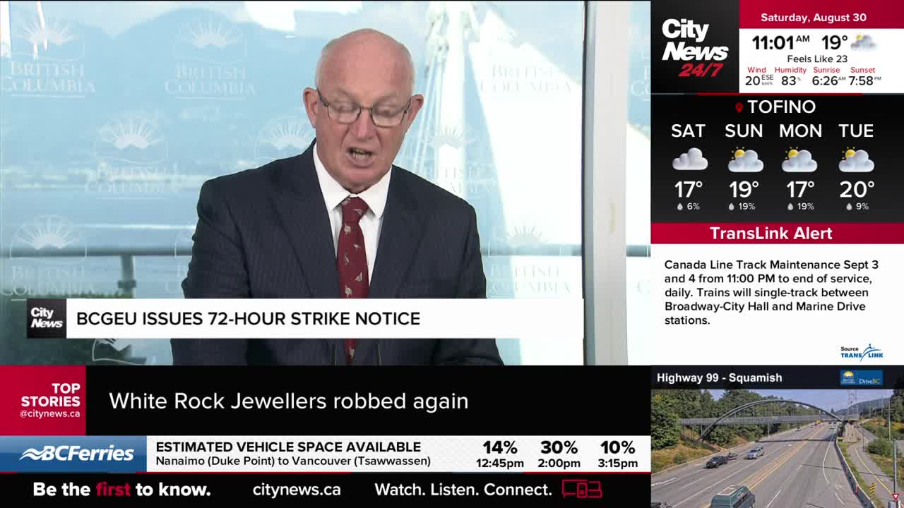 A man in a suit and tie speaks, his mouth open, as the CityNews Vancouver logo sits below. The screen displays a headline about a 72-hour strike notice and other news.
