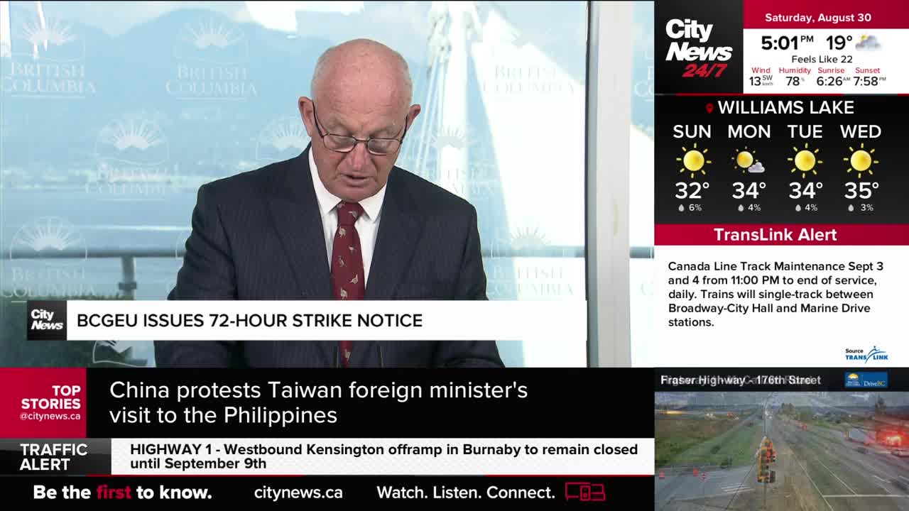 A man in a suit and tie, speaking from a CityNews Vancouver studio, is reading a statement. Graphics on the screen detail a BCGEU strike notice and the weather forecast for Williams Lake.
