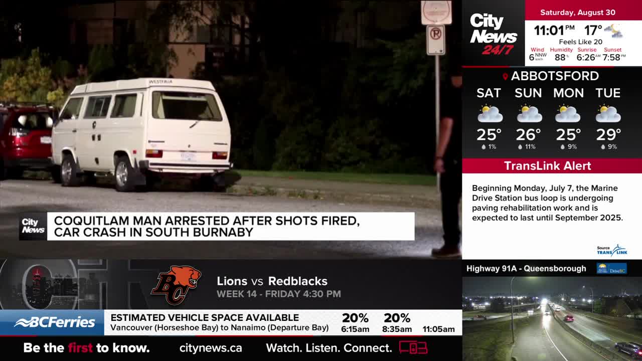 A white van sits parked on the side of the road, and a red car is visible beside it. CityNews Vancouver reports on a Coquitlam man's arrest after shots were fired and a car crash in South Burnaby.

