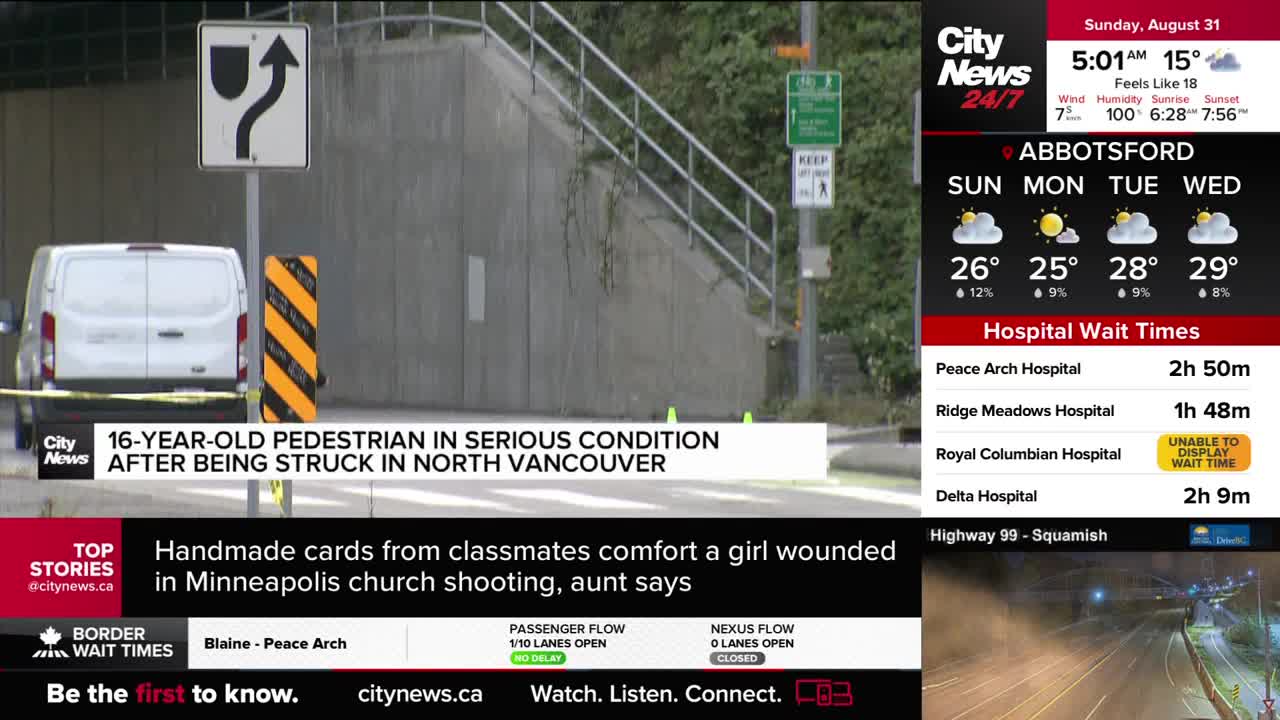 A white van is parked near a concrete wall, and yellow caution tape stretches across the scene. CityNews Vancouver reports a 16-year-old pedestrian was struck in North Vancouver.
