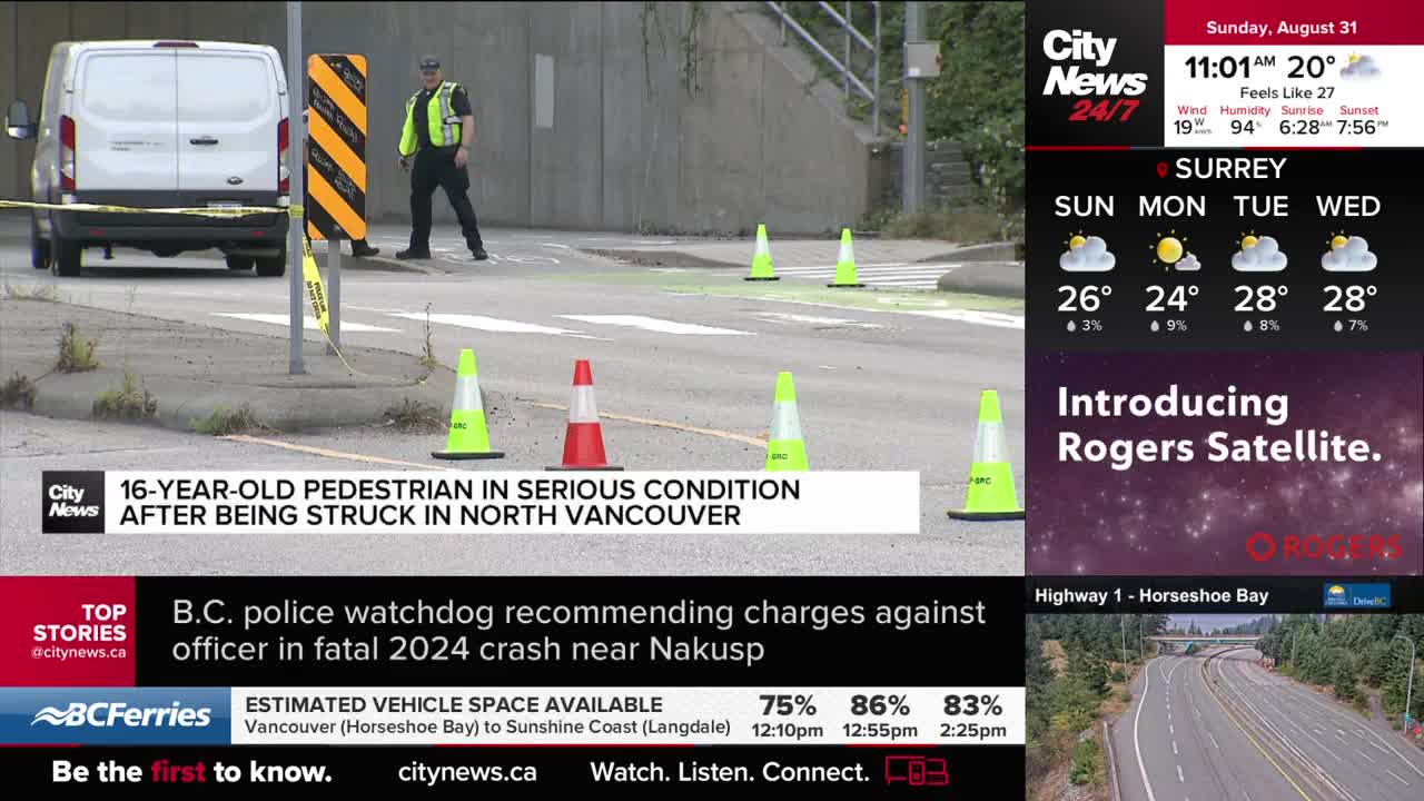 Yellow and orange traffic cones line the crosswalk, and a police officer in a reflective vest stands guard. A white van is parked nearby, and the CityNews Vancouver banner reports a pedestrian was struck.
