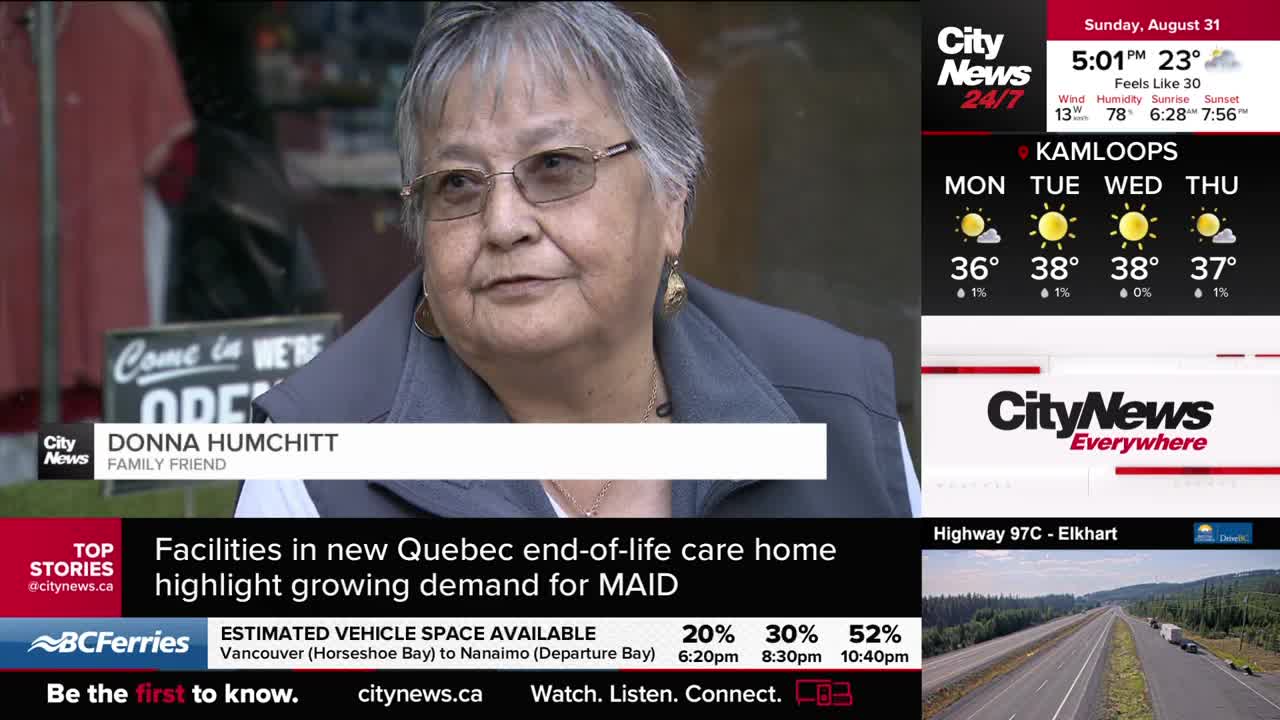 Donna Humchitt, identified as a family friend by CityNews Vancouver, is being interviewed. The broadcast features a weather report for Kamloops and information about BC Ferries.
