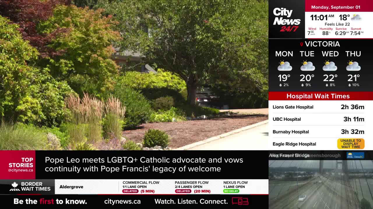 A vehicle is parked on a gravel driveway, partially obscured by the lush green foliage. CityNews Vancouver's weather report displays a sunny forecast for the week ahead.
