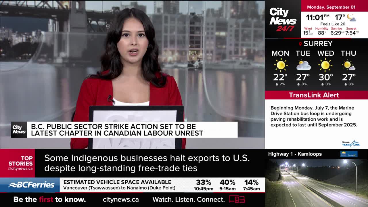 A CityNews Vancouver anchor, wearing a red blazer, is speaking directly to the camera. On the screen, headlines about a public sector strike in British Columbia and Indigenous businesses halting exports are displayed.
