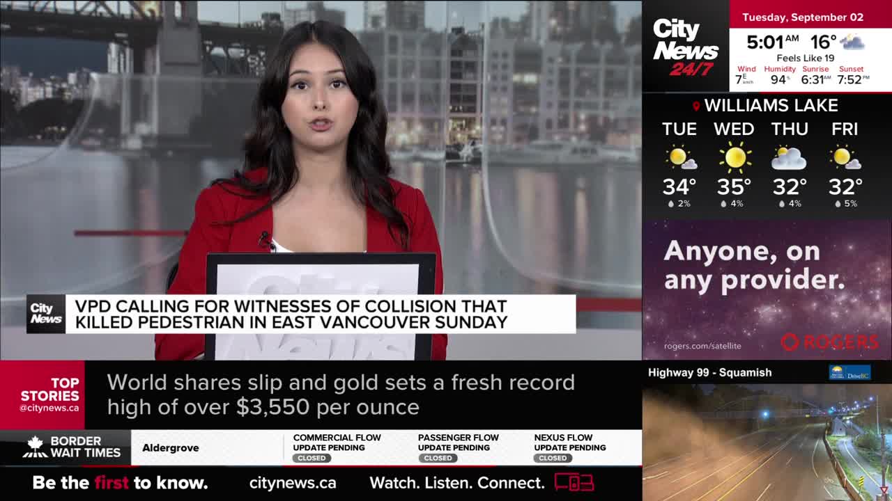 A news anchor in a red jacket speaks directly to the camera, the CityNews Vancouver logo visible on the screen below. The broadcast is reporting on a collision in East Vancouver.
