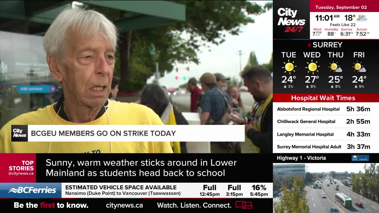 A man in a yellow shirt is speaking, likely for CityNews Vancouver, as a group of people stand behind him. The headline reads "BCGEU MEMBERS GO ON STRIKE TODAY" with a weather report and ferry information displayed on the screen.
