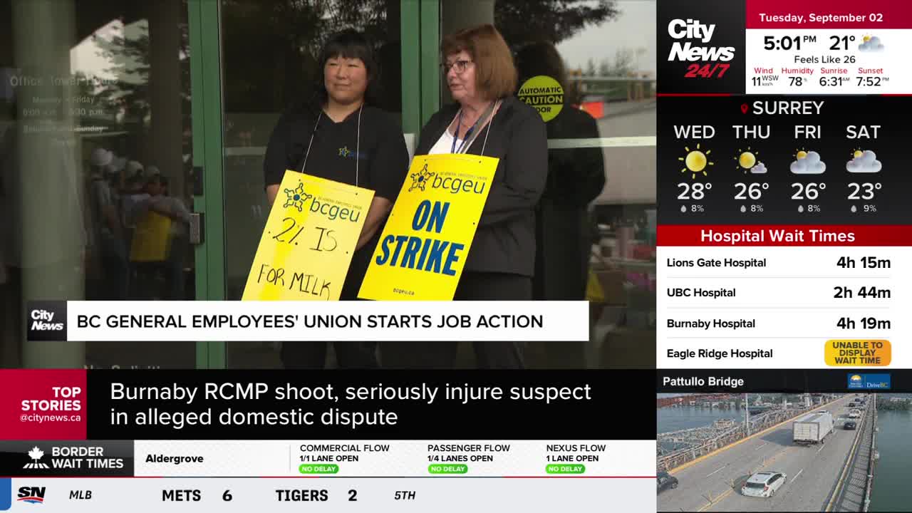 Two women stand outside a building, holding signs that read "ON STRIKE" and "2% IS FOR MILK." The CityNews Vancouver banner below reports that the BC General Employees' Union is starting job action.
