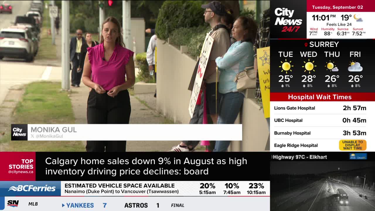 A CityNews Vancouver reporter, Monika Gul, is standing on a sidewalk, speaking to the camera.  Behind her, two people are holding signs, likely protesting.
