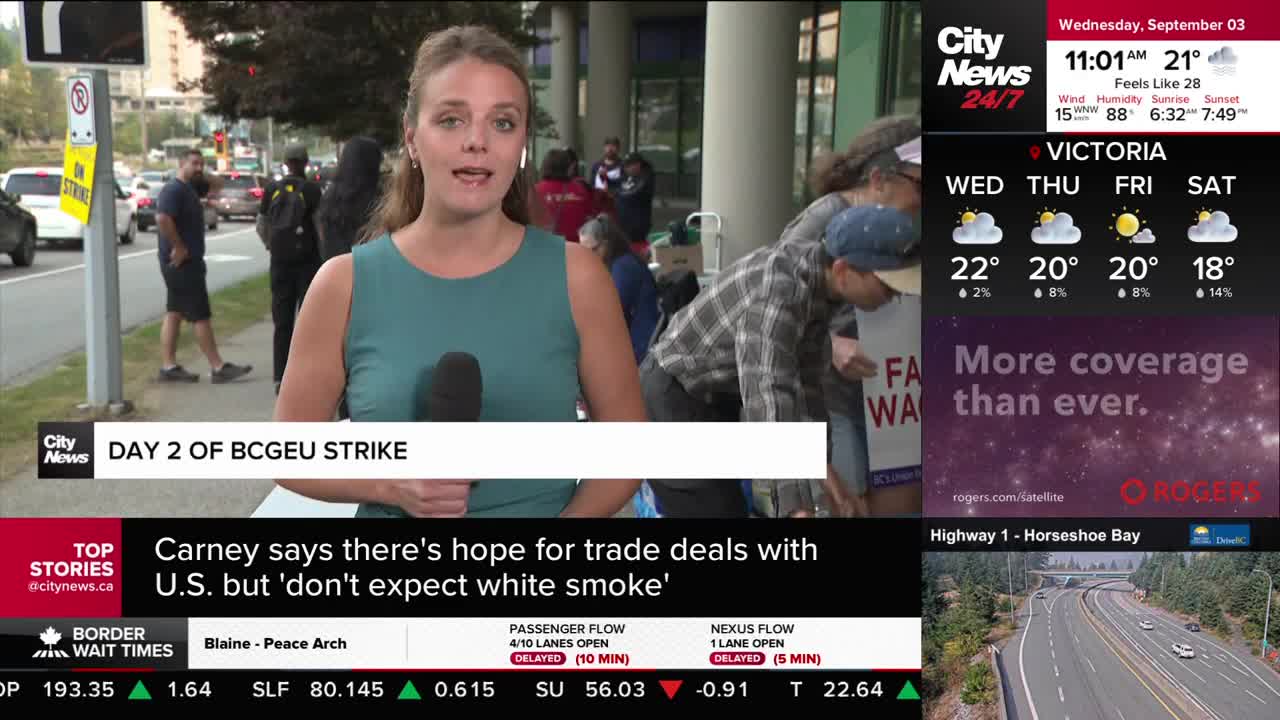 A CityNews Vancouver reporter stands in front of a camera, speaking about the BCGEU strike. Behind her, people are gathered, some holding signs that read "FAIR WAGES."

