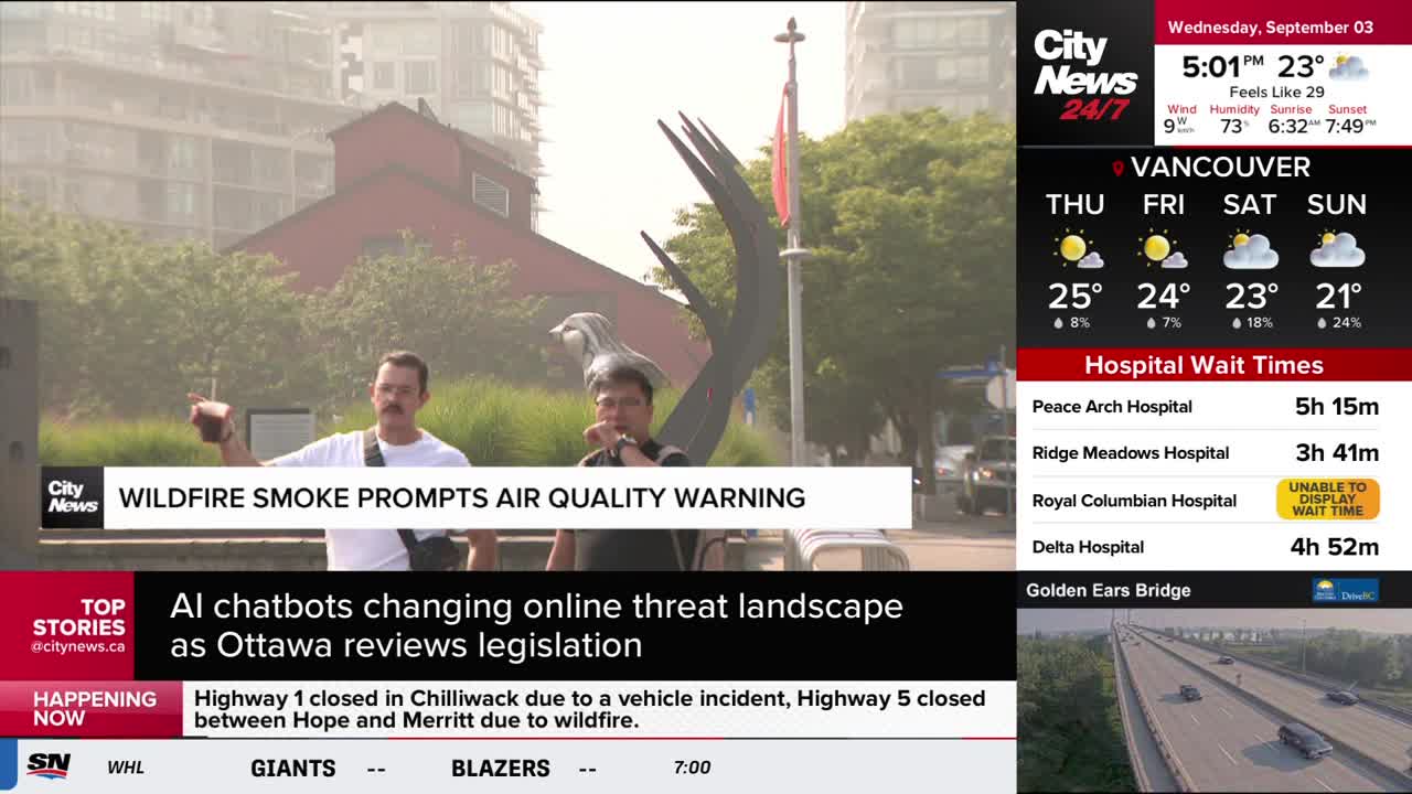 Two men stand outside, gesturing towards the hazy air as a CityNews Vancouver report on air quality plays on screen. The chyron reads "Wildfire Smoke Prompts Air Quality Warning."
