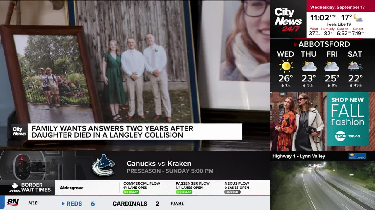 Framed family photos sit in front of a CityNews Vancouver graphic. The headline discusses a daughter's death in a Langley collision, two years prior.
