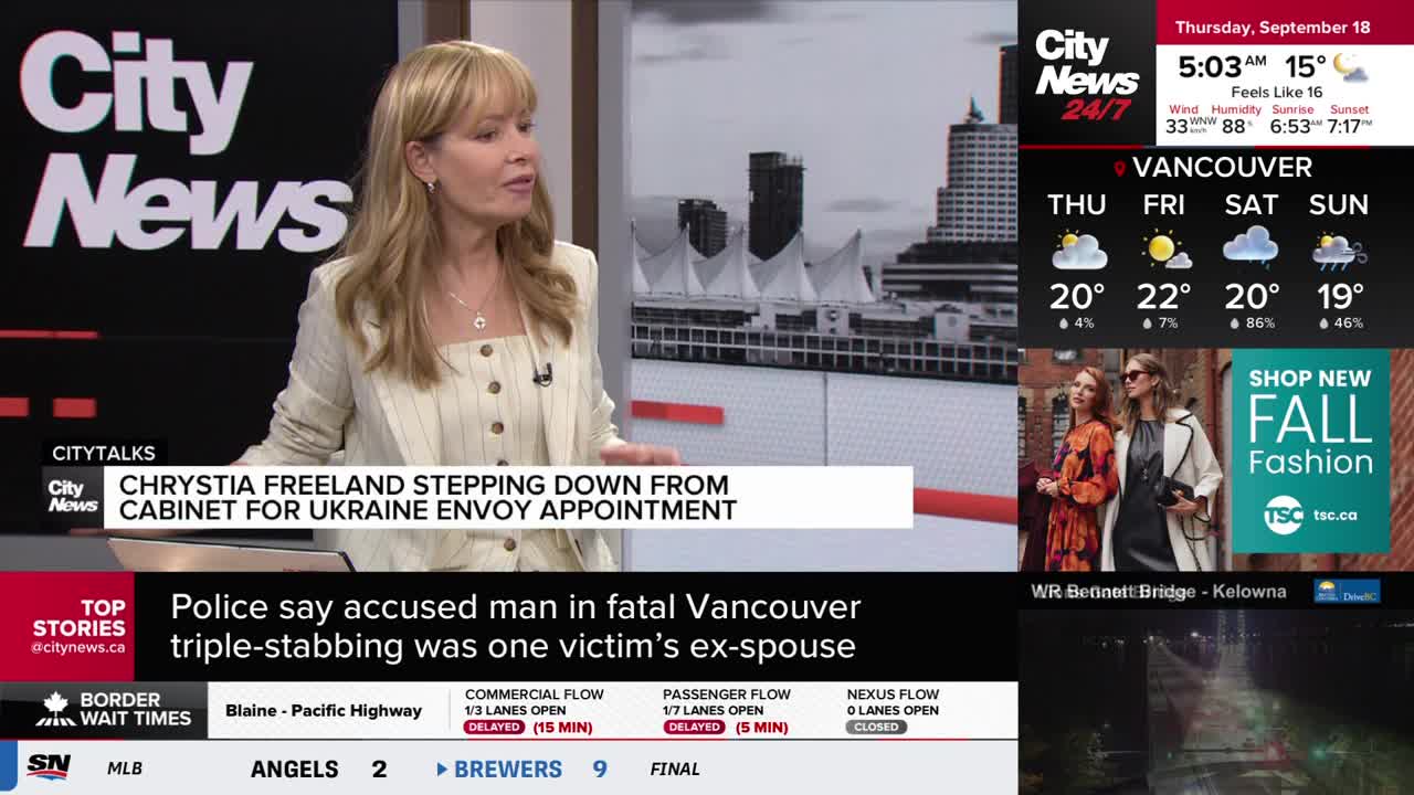 A CityNews Vancouver anchor, wearing a cream-colored blazer, speaks directly to the camera. Behind her, a graphic displays the local weather forecast and a story about Chrystia Freeland.
