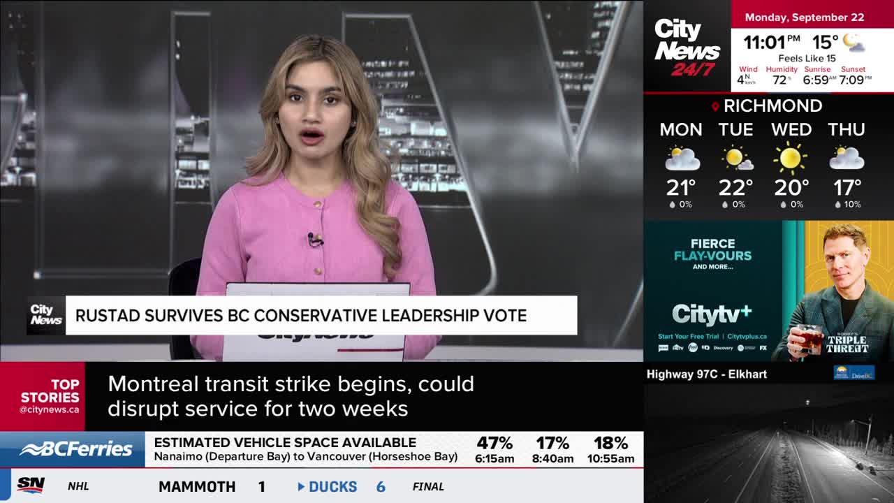 The CityNews Vancouver anchor is speaking, her mouth open, as the headline "RUSTAD SURVIVES BC CONSERVATIVE LEADERSHIP VOTE" scrolls on the screen. Below, the news ticker reports on a Montreal transit strike.
