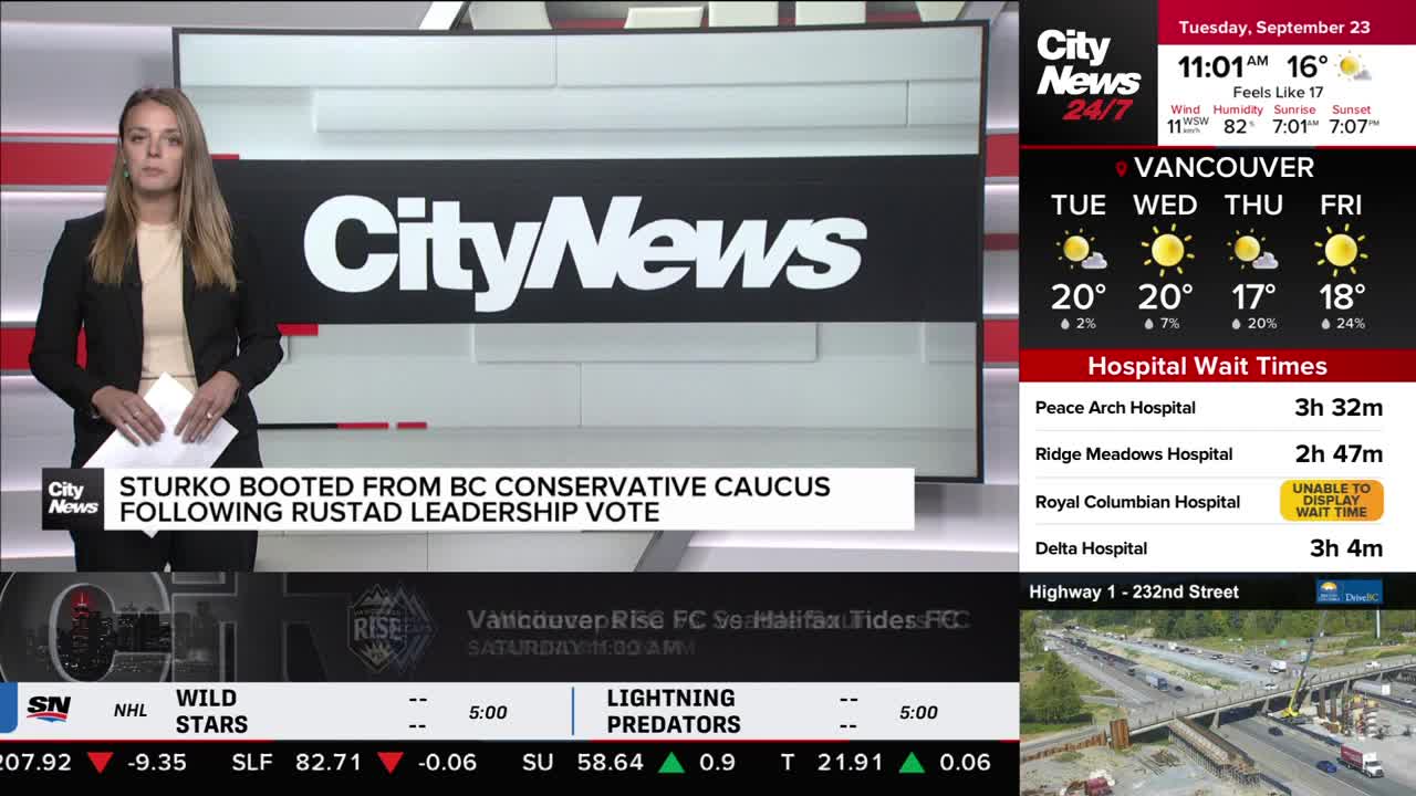 A CityNews Vancouver anchor stands center stage, holding papers and looking directly at the camera. The chyron below the anchor reads "Sturko booted from BC Conservative caucus following Rustad leadership vote."
