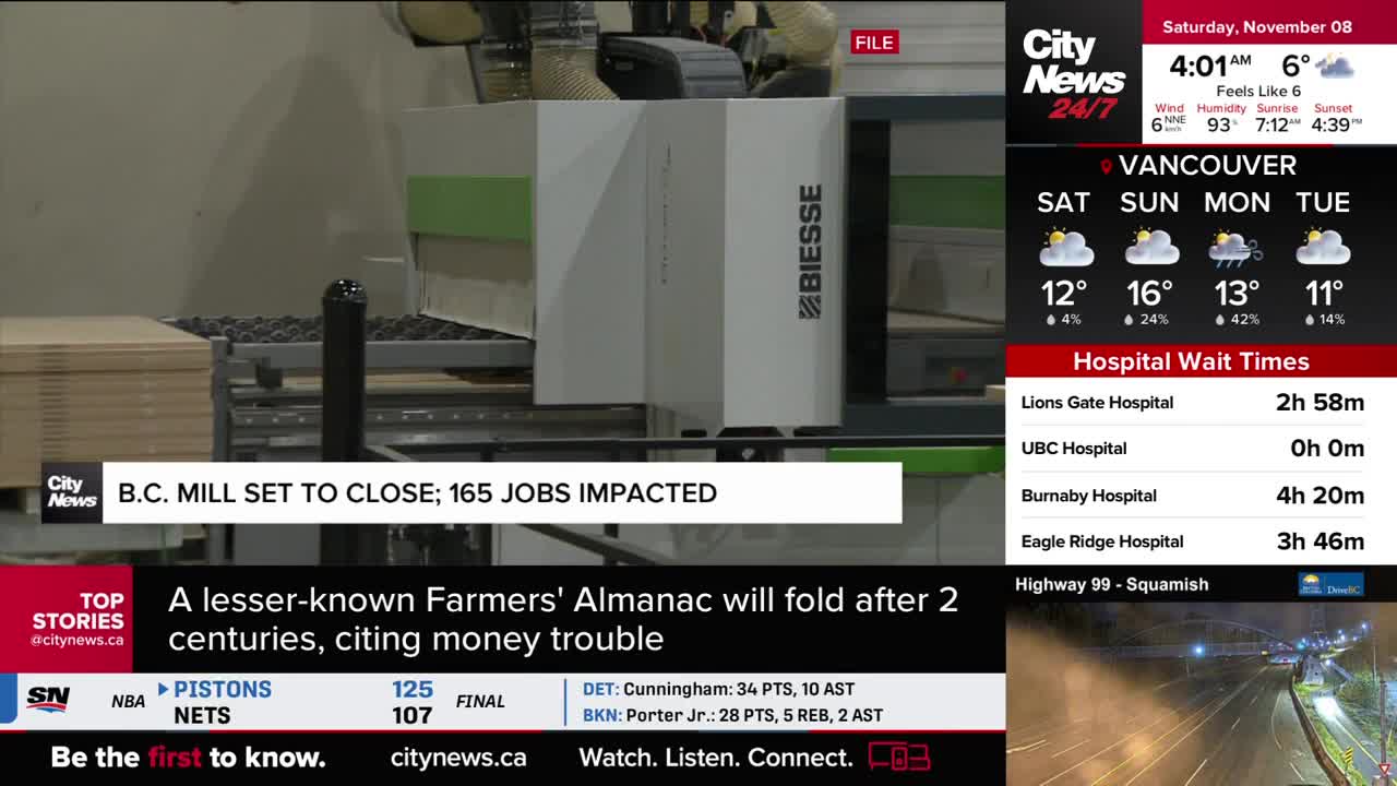 A large machine with the "BIESSE" logo is the focus, with a conveyor belt moving what looks like wooden panels. CityNews Vancouver reports a B.C. mill is closing, impacting 165 jobs.
A large machine with the "BIESSE" logo is the focus, with a conveyor belt moving what looks like wooden panels. CityNews Vancouver reports a B.C. mill is closing, impacting 165 jobs.
