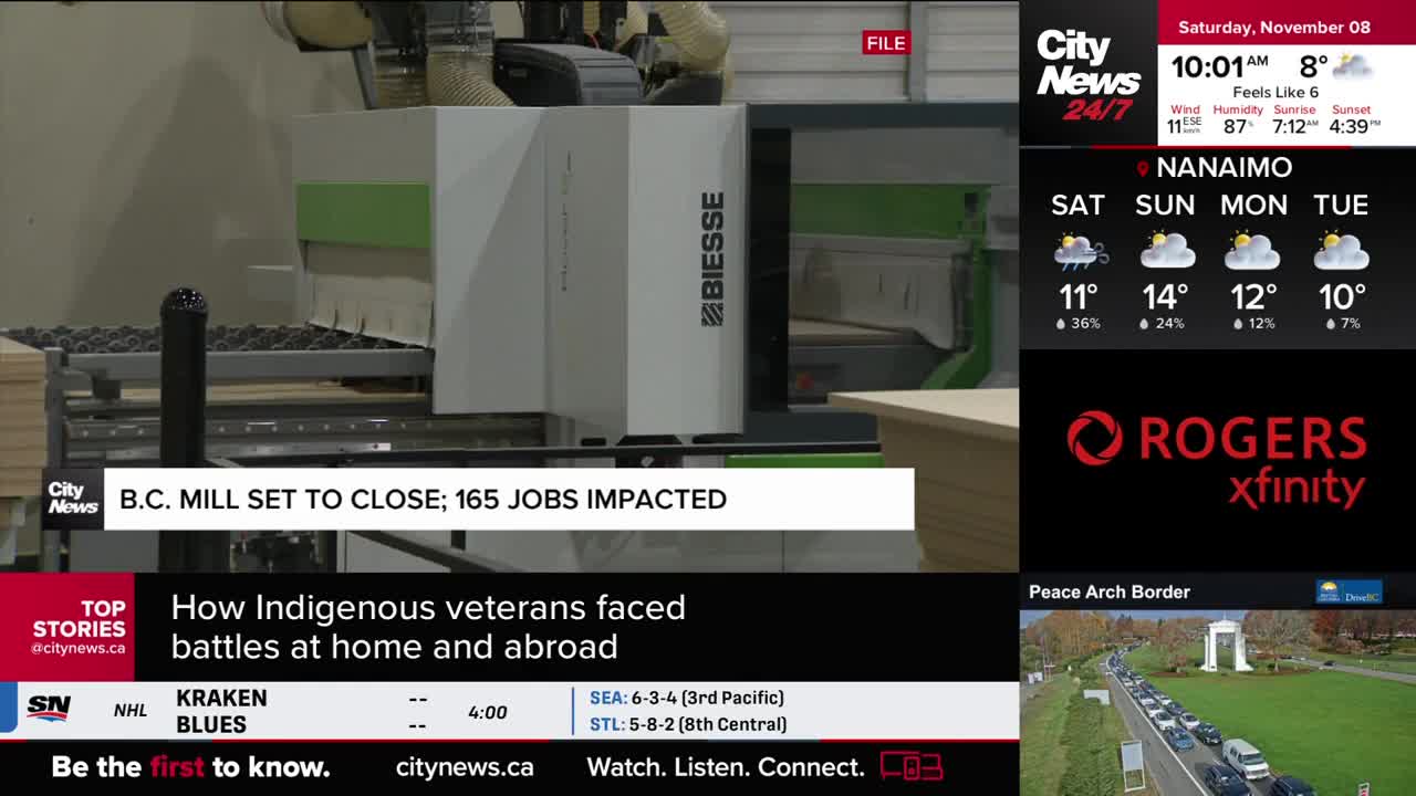 A large, white machine with the "BIESSE" logo is the focus, and it appears to be working on a piece of wood. The CityNews Vancouver banner at the bottom indicates a story about a mill closing in B.C. and the impact on 165 jobs.
A large, white machine with the "BIESSE" logo is the focus, and it appears to be working on a piece of wood. The CityNews Vancouver banner at the bottom indicates a story about a mill closing in B.C. and the impact on 165 jobs.