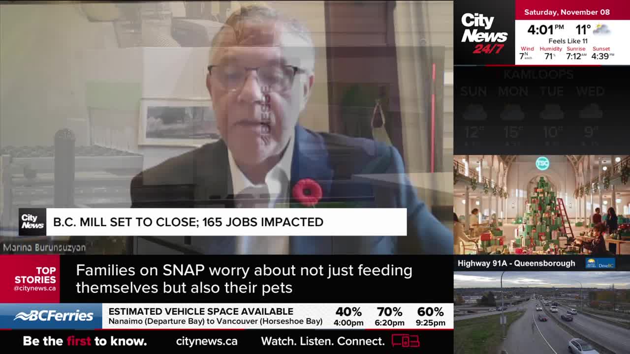 A man in a suit jacket and a poppy is speaking, likely on CityNews Vancouver. The screen displays the headline "B.C. Mill Set to Close; 165 Jobs Impacted."
A man in a suit jacket and a poppy is speaking, likely on CityNews Vancouver. The screen displays the headline "B.C. Mill Set to Close; 165 Jobs Impacted."