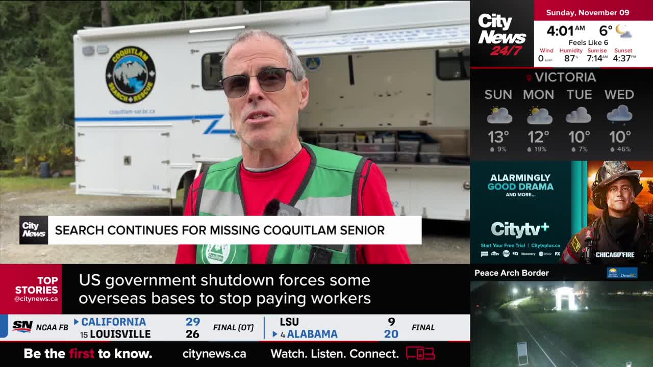 A man in a green vest and sunglasses is speaking, a "Coquitlam Search & Rescue" vehicle behind him. CityNews Vancouver's broadcast shows the story of a missing senior.
A man in a green vest and sunglasses is speaking, a "Coquitlam Search & Rescue" vehicle behind him. CityNews Vancouver's broadcast shows the story of a missing senior.