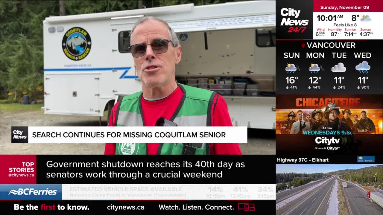 A man in a green vest and red shirt speaks directly to the camera, standing in front of a white Coquitlam Search & Rescue vehicle. CityNews Vancouver's broadcast shows a weather forecast and news headlines.
A man in a green vest and red shirt speaks directly to the camera, standing in front of a white Coquitlam Search & Rescue vehicle. CityNews Vancouver's broadcast shows a weather forecast and news headlines.