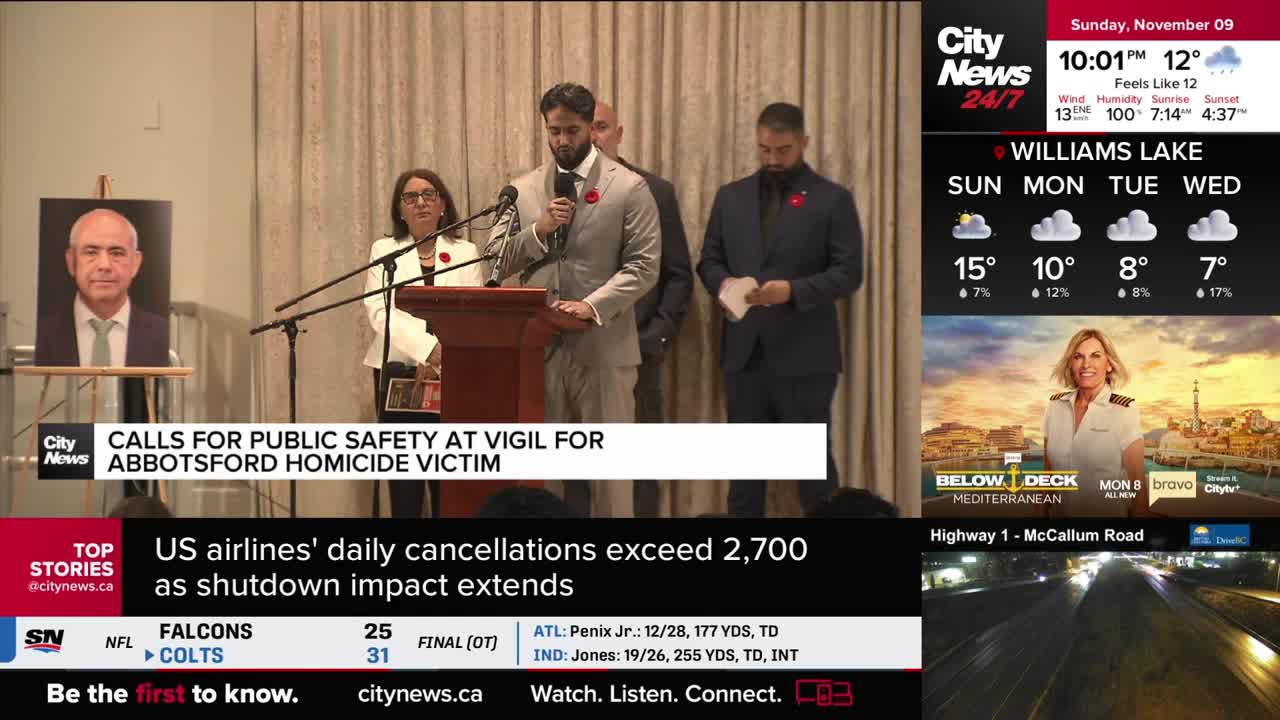 A man in a gray suit speaks into a microphone at a podium, a red poppy pinned to his lapel. Behind him, a woman and another man stand, while a CityNews Vancouver graphic displays the news.
A man in a gray suit speaks into a microphone at a podium, a red poppy pinned to his lapel. Behind him, a woman and another man stand, while a CityNews Vancouver graphic displays the news.